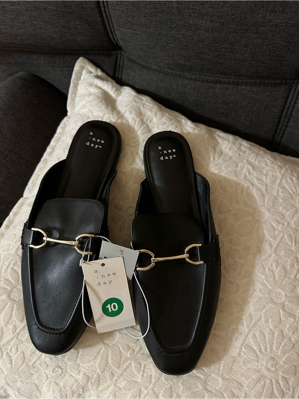 a new day Black Leather Slip-On Loafer Mules with Gold Bit